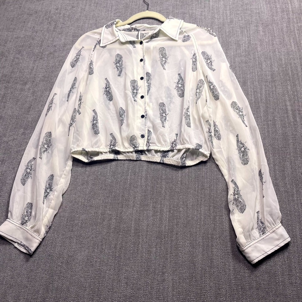 Free People Blouse Top Women Medium White Black Leopard Print Sheer Button Front